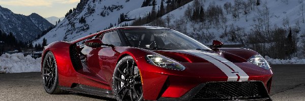 Czerwony, 2017, Ford GT, Góry, Ośnieżone