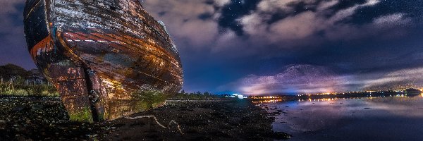 Miasto, Statku Morze, Niebo, Nocą, Wrak, Brzeg