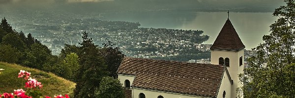 Ciemne, Panorama, Miasteczko, Niebo, Zbocze, Kościół