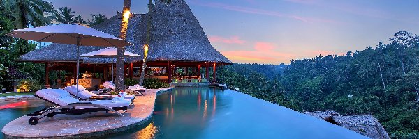 Wakacje, Hotel, Leżaki, Wyspa Bali, Indonezja, Zachód słońca, Dżungla