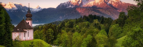 Lasy, Bawaria, Drzewa, Alpy Salzburskie, Kościół, Sanktuarium Maria Gern, Góry, Niemcy, Berchtesgaden, Droga