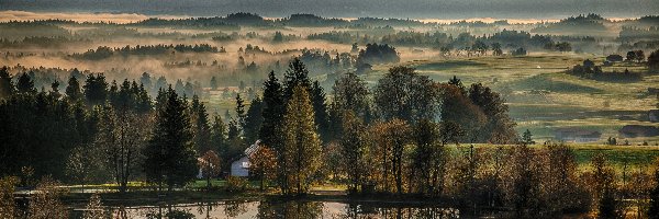 Jezioro, Pola, Mgła, Wieś, Jesień, Lasy, Góry