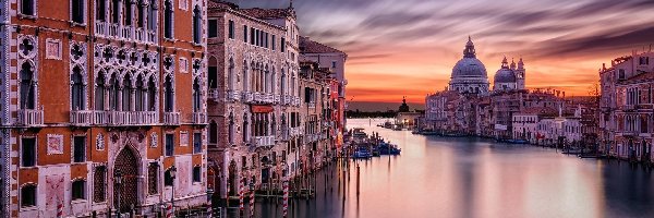 Domy, Kanał Canal Grande, Bazylika św. Marka, Zachód słońca, Wenecja, Włochy