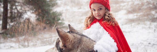 Dziewczynka, Siberian Husky, Czerwony Kapturek, Zima, Śnieg