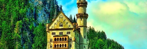 Zamek Neuschwanstein, Niemcy, Bawaria, Lasy, Góry