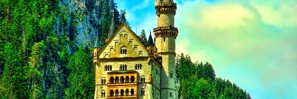 Zamek Neuschwanstein, Niemcy, Bawaria, Lasy, Góry