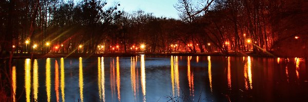Park, Odbicia, Wieczór, Drzewa, Woda