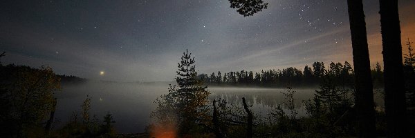 Jezioro, Gwiazdy, Ognisko, Wieczór