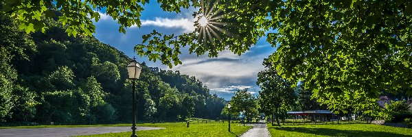 Promienie słońca, Park, Drzewa, Samobor, Chorwacja, Latarnie, Alejka