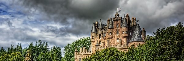 Ciemne, Szkocja, Park, Chmury, Glamis Castle, Zamek Glamis