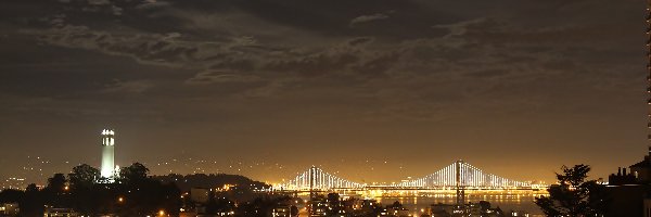 Noc, Most, Oświetlony, Miasto