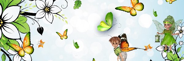 Laleczki, Kwiaty, Motyle, Grafika