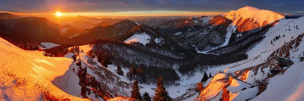 Góry, Panorama, Zachód słońca, Zima