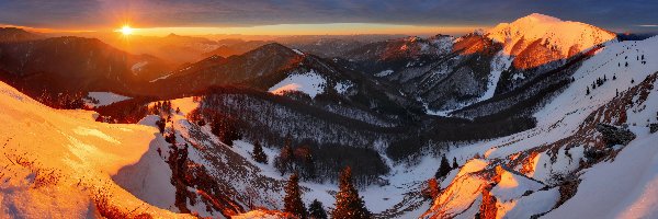 Góry, Panorama, Zachód słońca, Zima