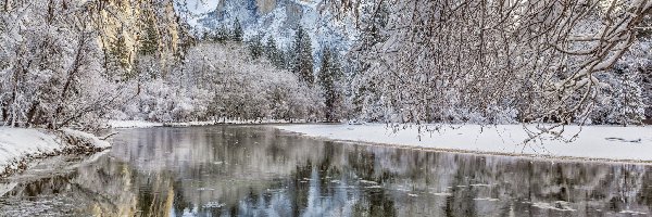Zima, Stan Kalifornia, Drzewa, Las, Park Narodowy Yosemite, Rzeka Merced River, Góry, Stany Zjednoczone