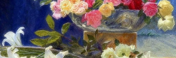 Malarstwo, Kwiaty, Obraz, Róże, Lilie