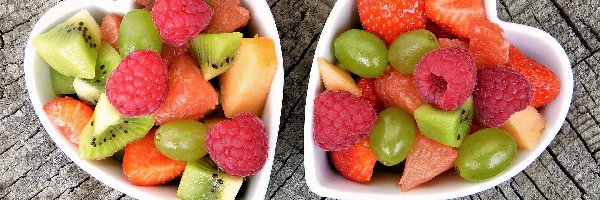 Truskawki, Maliny, Miseczki, Dwie, Winogrona, Kiwi, Melon, Owoce