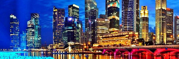 Miasto, Most, Singapur, Nocą, Chmur, Drapacze