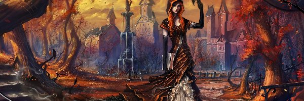Fantasy, Kruk, Dziewczyna, Domy, Drzewa
