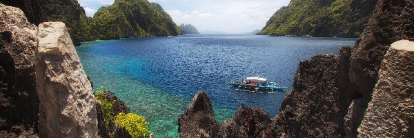 Filipiny, Góry, Skały, Morze, Łódka, Palawan, El Nido