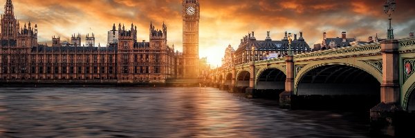 Big Ben, Rzeka Tamiza, Most Westminsterski, Zachód Słońca, Londyn, Anglia