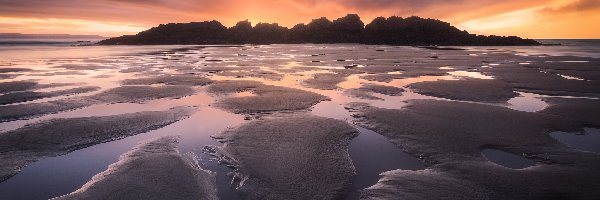 Ocean Atlantycki, Asturia, Zachód słońca, Morze, Gmina Tapia de Casariego, Wysepka La Picuda, Wybrzeże, Hiszpania