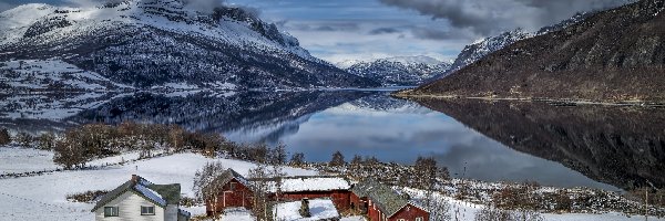 Domy, Góry, Norwegia, Valdres, Jezioro, Drzewa, Śnieg, Zima