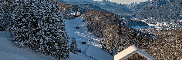 Kościół, Wioska, Góry, Niemiecka, Zima, Domy, Las