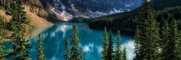Drzewa, Park Narodowy Banff, Jezioro Moraine, Chmury, Prowincja Alberta,  Kanada