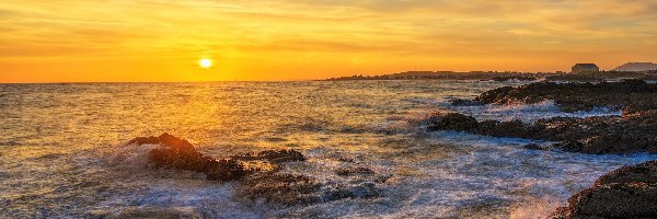 Miejscowość Elie, Zachód słońca, Plaża Elie Beach, Szkocja, Skały, Morze