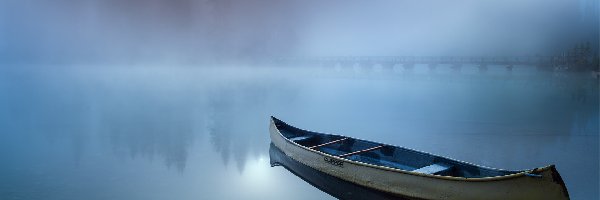 Kanada, Jezioro Emerald Lake, Łódka, Most, Mgła