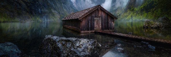 Kamienie, Bawaria, Mgła, Kładka, Jezioro Konigssee, Domek, Drewniany, Niemcy, Park Narodowy Berchtesgaden, Góry