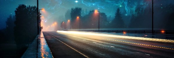 Ulica, Latarnie, Mgła, Noc