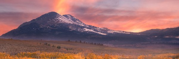 Jesień, Hrabstwo Mono, Mgła, Drzewa, Stany Zjednoczone, Góry Sierra Nevada, Las, Przełęcz Conway Summit, Stan Kalifornia, Zachód słońca