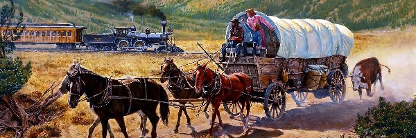 Góry, Dyliżans, Pociąg, Mort Kunstler, Malarstwo, Wóz, Konie