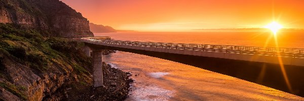Klif, Zachód słońca, Most Sea Cliff Bridge, Morze, Nowa Południowa Walia, Australia