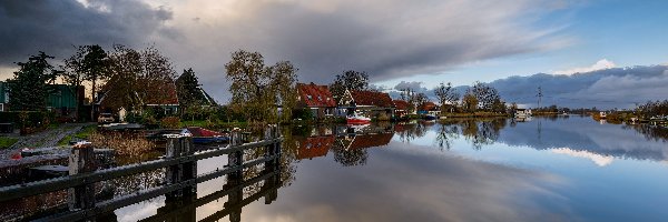 Holandia, Domy, Rzeka, Odbicie, Niebo