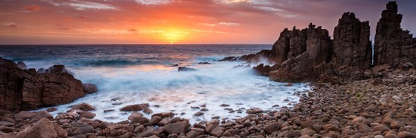Australia, Skały, Morze, Zachód słońca, Kamienie