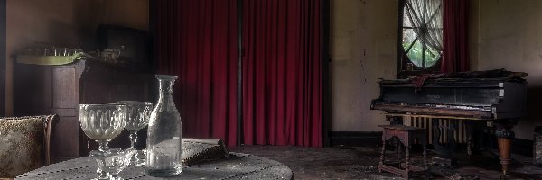 Czerwone, Stół, Butelka, Kieliszki, Pokój, Zasłony, Fortepian, Drewniany