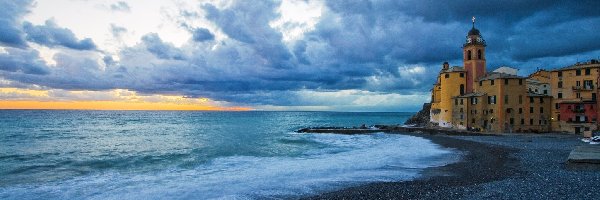 Liguria, Chmury, Camogli, Włochy, Morze, Kościół