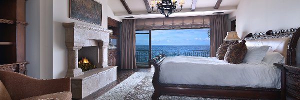 Fotel, Lampy, Poduszki, Łóżko, Sypialnia, Okno, Duże, Kominek, Dywan