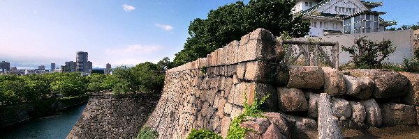 Japonia, Pałac, Osaka, Rzeka, Drzewa
