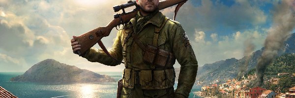 Miasto, Żołnierz, Dym, Statki, Karabin, Słońce, Samolot, Sniper Elite 4