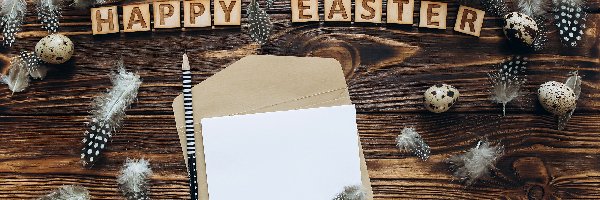 Ołówek, Jajeczka, Wielkanoc, Koperta, Happy Easter, Biała, Kartka, Piórka, Napis, Deski