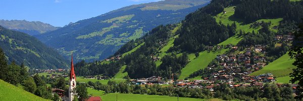 Kościół, Mayrhofen, Drzewa, Domy, Tyrol, Austria