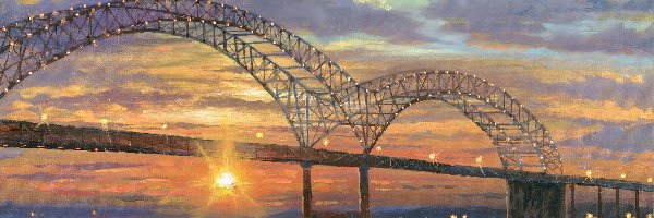 Most Hernando de Soto Bridge, Stan Tennessee, Wschód słońca, Robert Finale, Memphis, Rzeka Missisipi, Malarstwo, Stany Zjednoczone