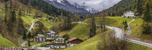 Domy, Wieś, Powiat Leuk, Gmina Albinen, Szwajcaria, Drzewa, Góry, Kanton Valais, Drogi