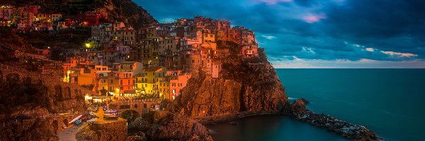 Włochy, Morze, Manarola, Domy, Noc