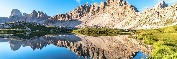 Masyw Odle, Góry, Prowincja Bozen-Sudtirol, Tyrol Południowy, Włochy, Odbicie, Jezioro, Dolomity, Szczyty