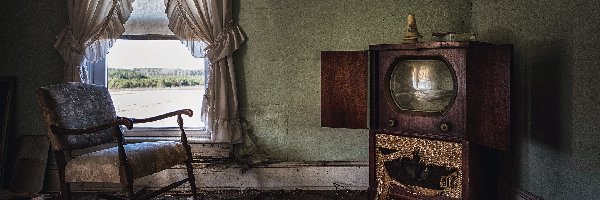 Zaniedbany, Telewizor, Pokój, Okno, Fotel